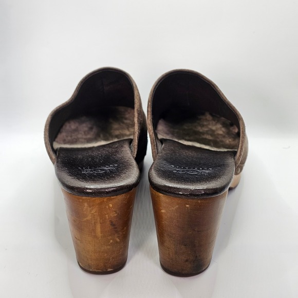 UGG Australia Suede Wooden Clog Mule Heels Sheepskin Lined Brown Sz 8 EU39 - Picture 5 of 10